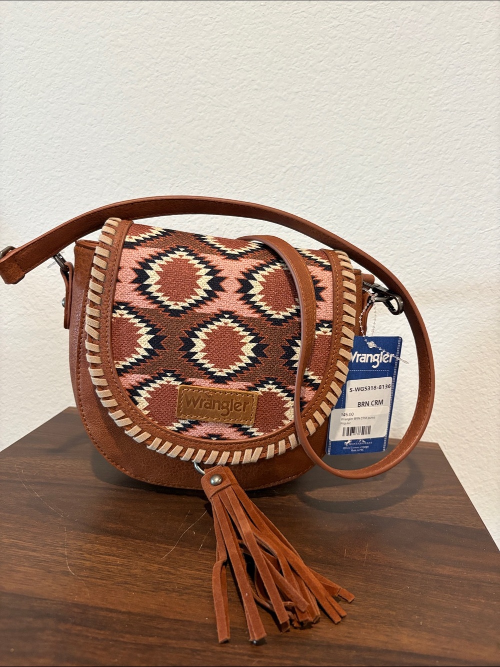Wrangler Brown & Pink Geometric Crossbody Bag with Tassel